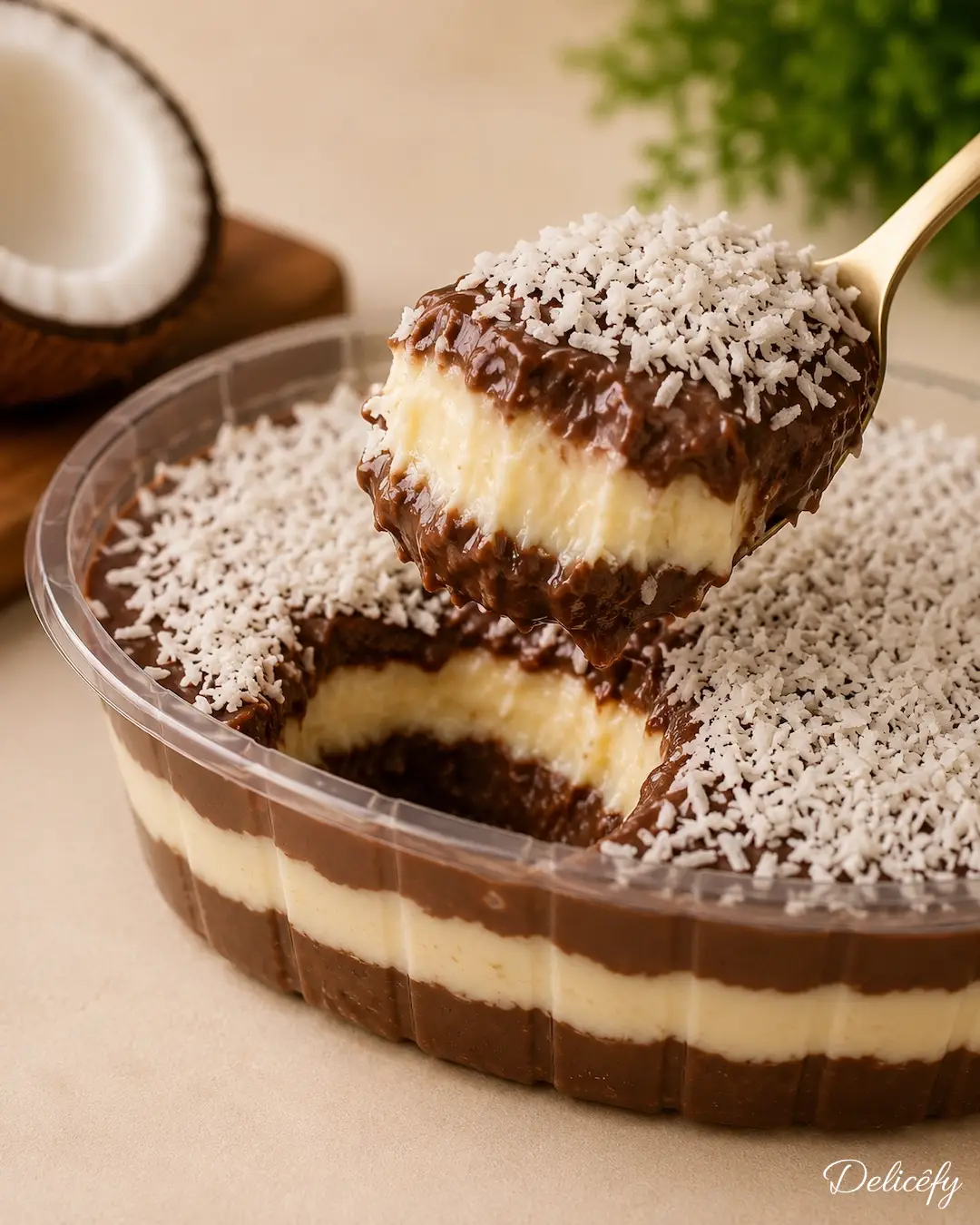 Detalhes das camadas cremosas de chocolate e coco do Prestígio na Travessa
