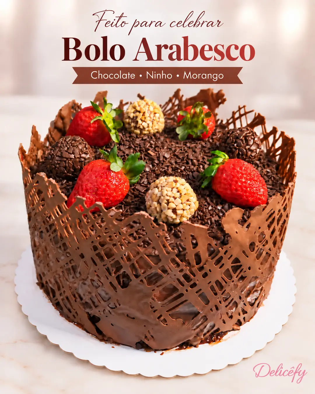 Bolo Arabesco de Chocolate com Ninho e Morango