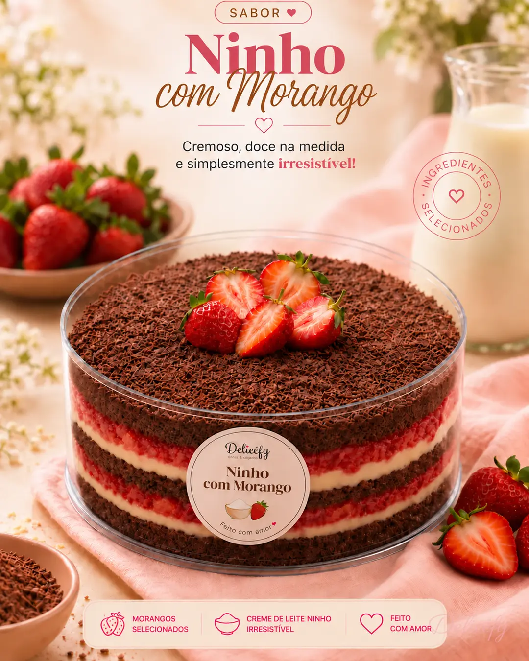 Cake Box Ninho com Morango e Massa de Chocolate