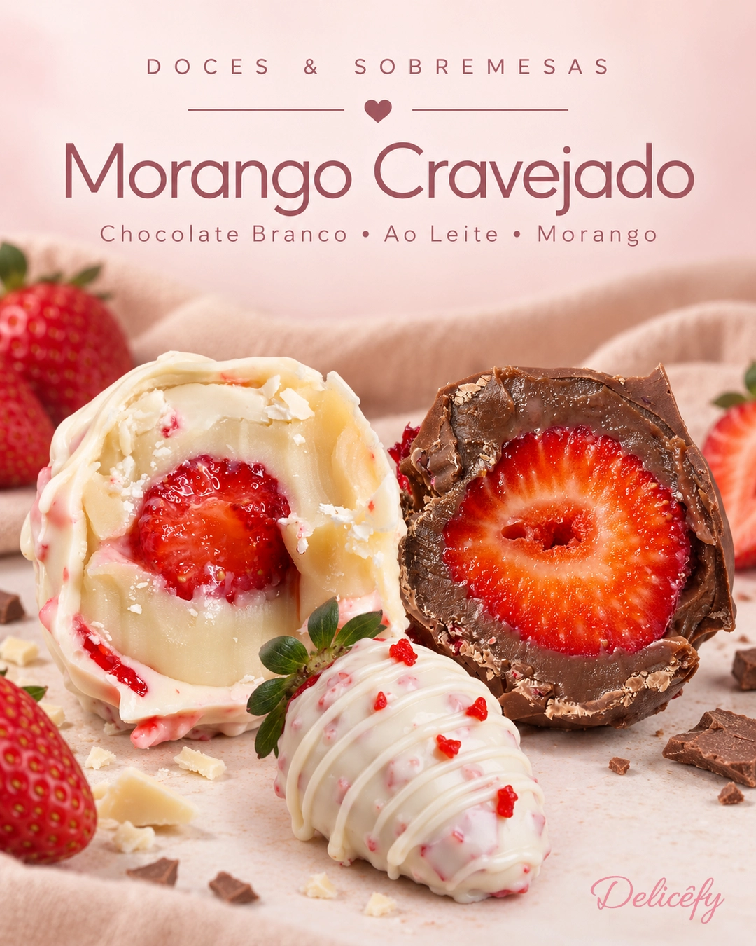 Morango Cravejado de chocolate branco e ao leite Delicêfy